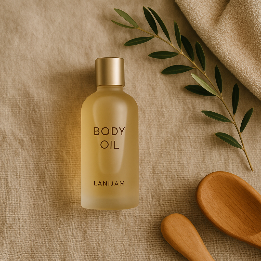 A minimalist flatlay featuring a frosted glass bottle of body oil on beige linen, surrounded by a soft towel, wooden accents, and natural greenery – part of LaniJam’s nourishing Body Oils collection