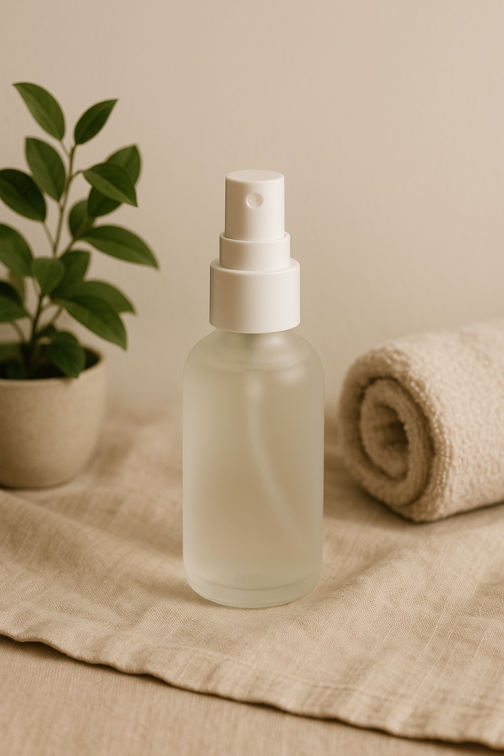A frosted glass facial mist bottle with a white spray cap stands on soft linen fabric, surrounded by a rolled towel and a small potted plant – part of LaniJam’s natural hydrating skincare collection.