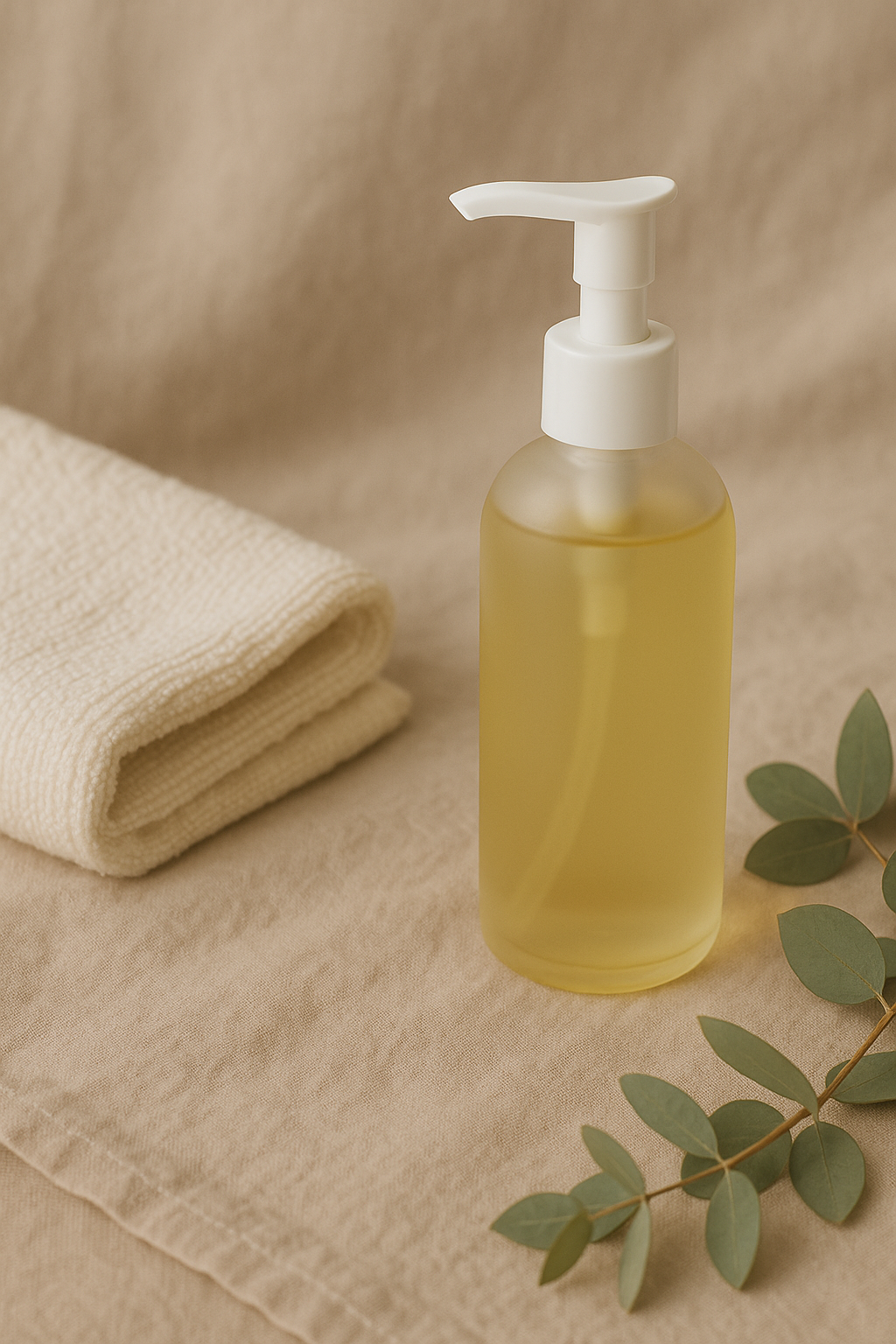 A tall frosted glass bottle of cleansing oil with a white pump sits on soft beige fabric, surrounded by a facial cloth and eucalyptus leaves – part of LaniJam’s gentle botanical skincare line.