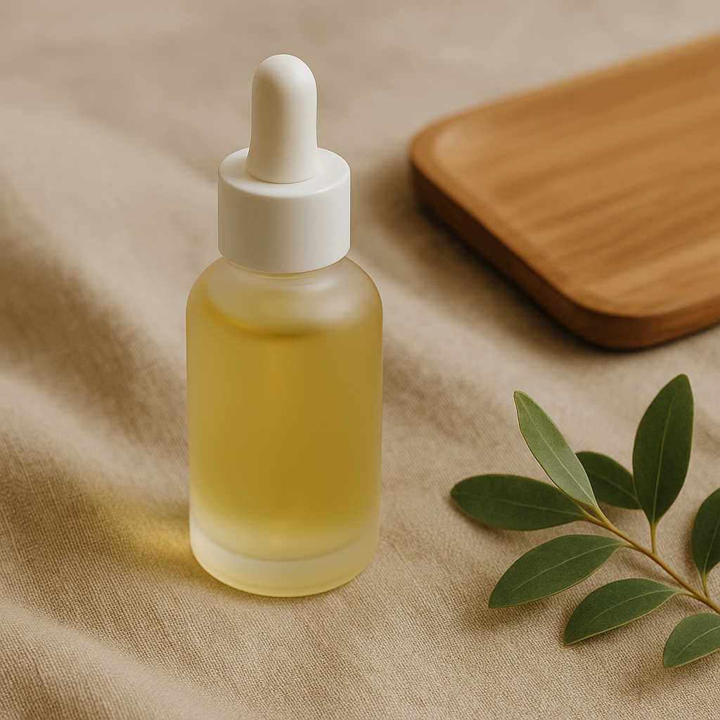 A frosted dropper bottle of facial oil sits elegantly on neutral linen fabric beside a wooden tray and greenery – part of LaniJam’s nourishing botanical skincare line.