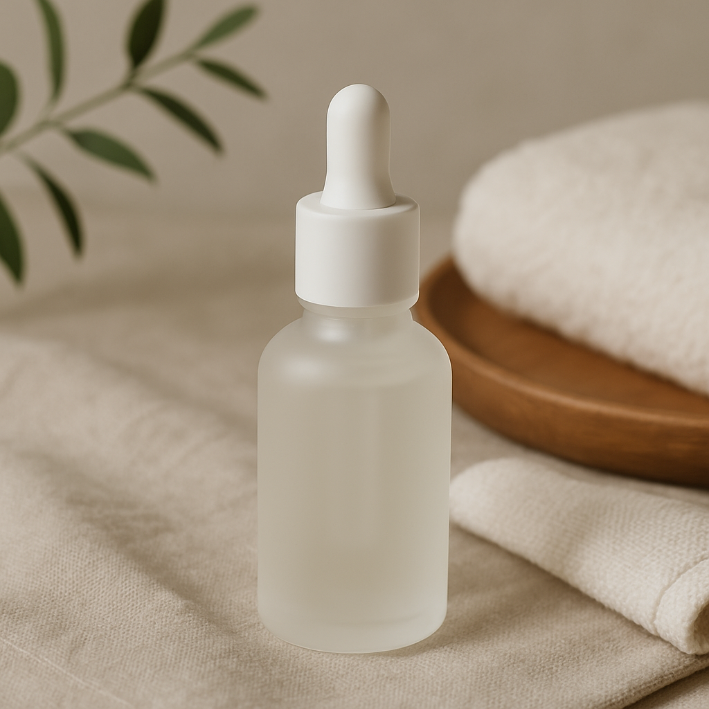 A minimal skincare scene with a frosted glass serum bottle and dropper, placed on beige linen next to a soft towel and wooden tray – part of LaniJam’s active yet gentle facial care line.