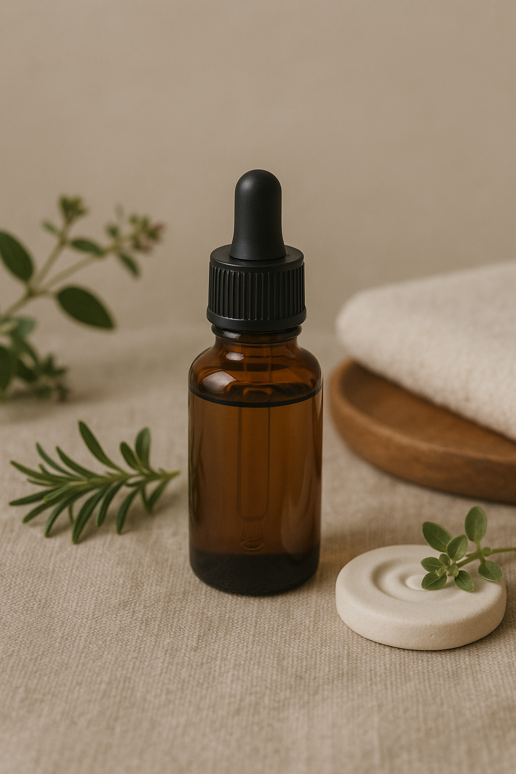 A dark amber essential oil bottle with a dropper cap sits on soft linen beside fresh herbs and a ceramic aroma stone – part of LaniJam’s botanical aromatherapy collection.