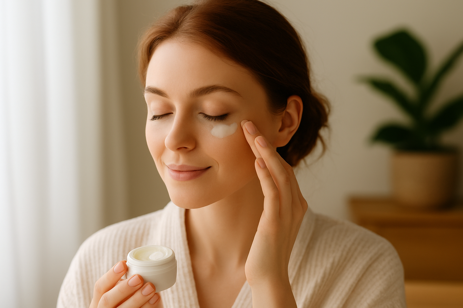 A woman gently applying eye cream to her under-eye area in a softly lit, natural home spa setting – part of LaniJam’s Eye Creams collection
