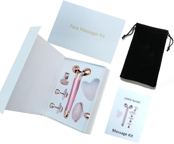 7pcs Facial Jade Roller and Gua Sha Kit, 100% Natural Jade Stone Face Massager for Skin Tightening, Dark Circles, Skin Rejuvenation, Wrinkle Remover, Men and Women Massage Tool Gift Set, Pink