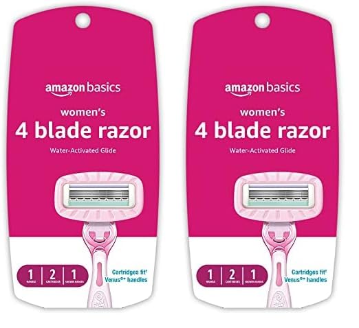Amazon Basics Women's 4 Blade Razor for Women, Fits AmazonBasics & Venus Handles, Moisturizing Surround, 4 Count, Includes 1 Handle, 2 Cartridges & 1 Shower Hanger, Pink (Pack of 2)
