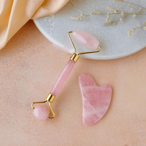 Rose Quartz Roller and Gua sha Set | Reduces Wrinkles, Fine lines and Dark Circles | Pink Jade Roller | Anti-aging Massager for Skin Toning and Tightening for Face, Eyes, Neck