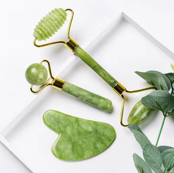 Three-Piece Facial Skincare Products - Unique Double-Sided & Textured Jade Roller, Precision Globular Roller, & Gua Sha Scraper - Reduce Puffiness - Face Roller and Gua Sha Set, Green