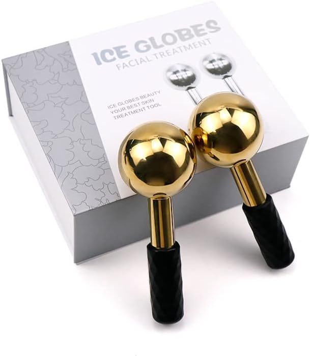 Facial Ice Globes and Roller, Cooling Massager for Face, Eyes and Neck, Cryotherapy Treatment for Puffiness, Dark Circles and Wrinkles (Gold)