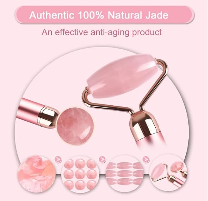 7pcs Facial Jade Roller and Gua Sha Kit, 100% Natural Jade Stone Face Massager for Skin Tightening, Dark Circles, Skin Rejuvenation, Wrinkle Remover, Men and Women Massage Tool Gift Set, Pink