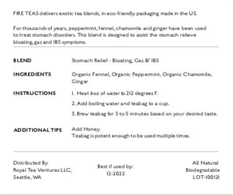 FIRE TEAS - Soothing Stomach Relief Herbal Tea- Irritable Bowel, Diverticulitis & Abdominal Discomfort - Organic Fennel, Peppermint, Chamomile, Ginger -