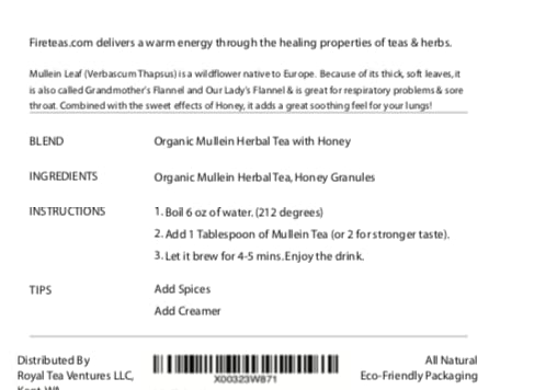 FIRE TEAS Organic SWEET Mullein Leaf Herbal Tea w/Honey Granules - Respiratory & Lung Cleanse Herbal Tea, Naturally Sweet Mucous Membranes Support -