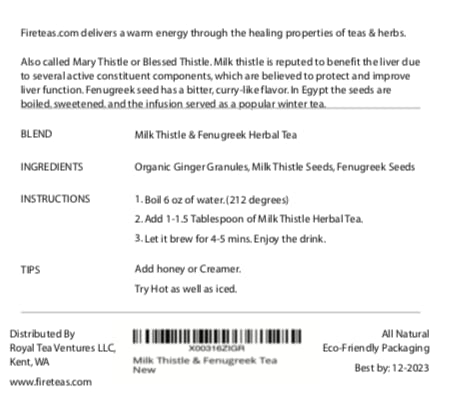 FIRE TEAS Organic Milk Thistle & Fenugreek Seeds Herbal Tea w/Ginger - Herbal Folk Remedy Tea - Loose Leaf -