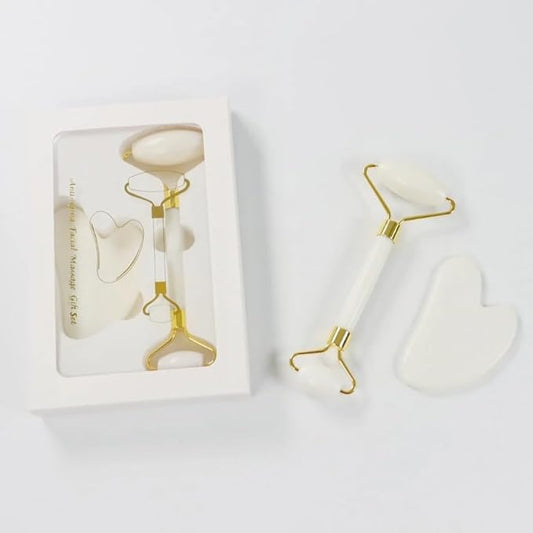White Jade Roller and Gua Sha Set for Face and Body Massage, Facial Roller Massager for Face, Neck, Eyes, and Legs, Gua Sha Scraping Tool for Face and Body