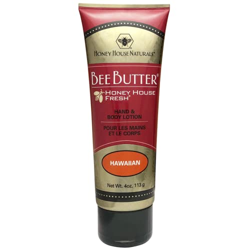 Honey House Naturals Bee Butter Cream – 4 Ounce Tube – All Natural Ultra Moisturizing Bee Butter Enhanced with Royal Jelly and Essential Oils – Made in USA (Hawaiian)