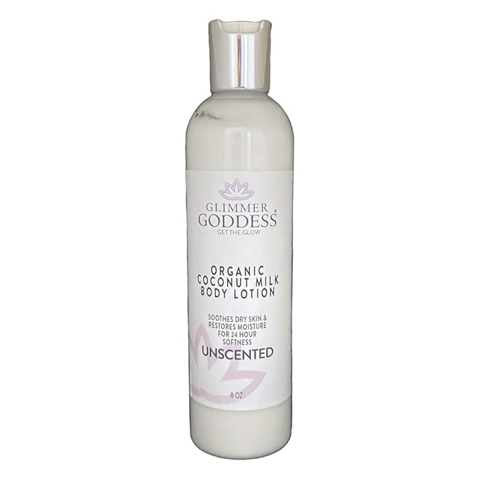 GLIMMER GODDESS Organic Body Lotion - Unscented Coconut Milk, Moisturizes for Soft Silky Skin All Day 8 oz