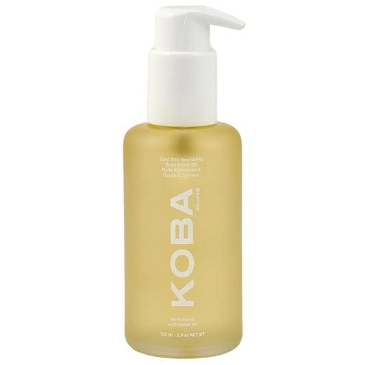 KOBA Gold Drip Nourishing Body & Hair Oil - For Women & Men - Moisturizing - Normal to Very Dry Skin - All Hair Types & Beards - Woody, Floral, & Citrus - Natural - Vegan - Safou Oil (3.4 Fl Oz)
