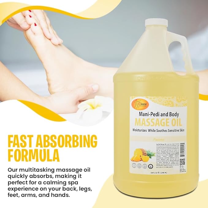 SPA REDI - Massage Oil, Pineapple, 128 Oz - Professional Pedicure, Manicure, Full Body Massage Therapy, Made with Almond Oil, Cotton Seed Oil, Sunflower Oil, Avocado Oil, Essential Oils, Vitamin E