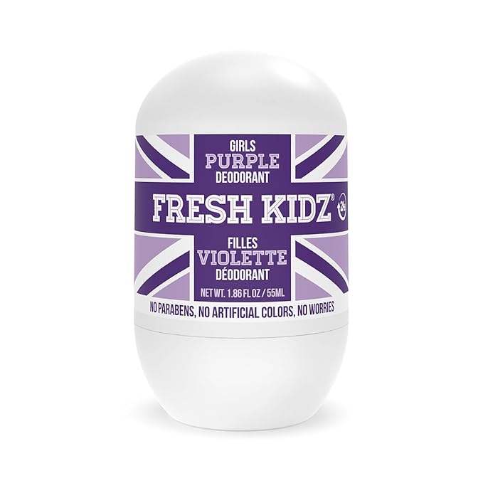 Fresh Kidz Roll On Deodorant for Kids and Teens - Baking Soda and Aluminum-free 24 Hour Protection for Sensitive Skin - Girls "Purple" 1.86 fl.oz.