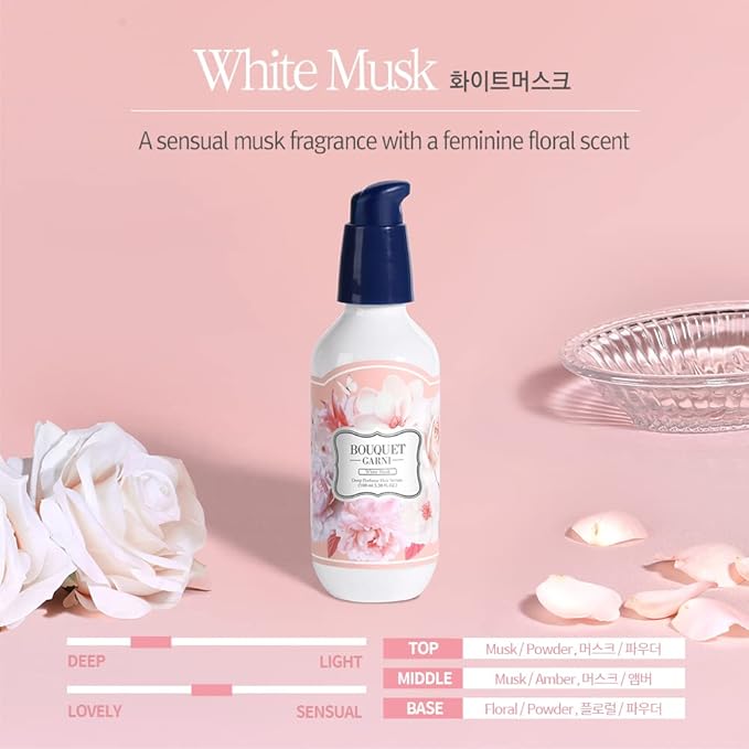 BOUQUET GARNI Deep Perfume Hair Serum White Musk Fragrance - Anti-Frizz Hair, Quick Absorption, Long-lasting (Containing Amino acids, Proteins, Hyaluronic Acids, Vegan Oils) - 3.4 oz