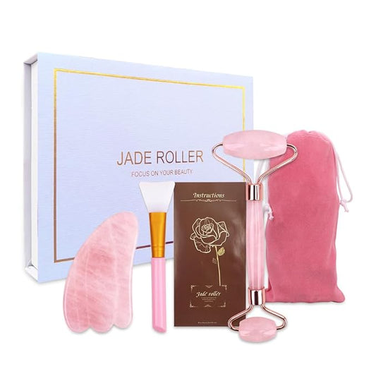 Jade Roller and Gua Sha Massage Tool - Jade Face Roller -100% Natural Rose Quartz - Face Massager, Facial Roller for Skin, Eyes, Neck - Authentic, Durable, Noiseless Design