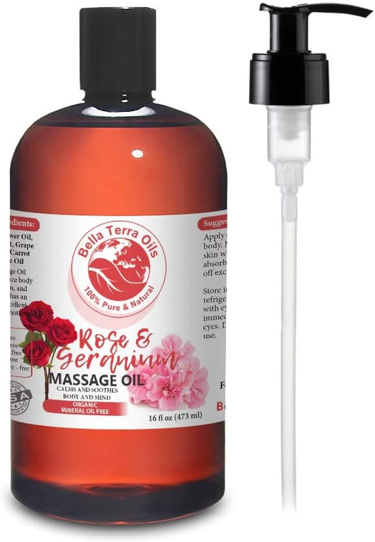 Rose and Geranium Massage Oil Without Mineral Oil. 16 oz. Full Body Massage Therapy. Soothes Body and Mind. Made with Olive Oil, Sesame Oil, Sunflower Oil, Aloe Vera, Geranium Oil, Rose Oil.