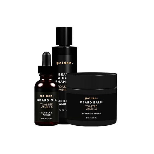 Golden Grooming Co. Everyday Beard Bundle – Complete Beard Care Set | Includes Beard Oil, Balm & Shampoo (Regular, Toasted Vanilla)