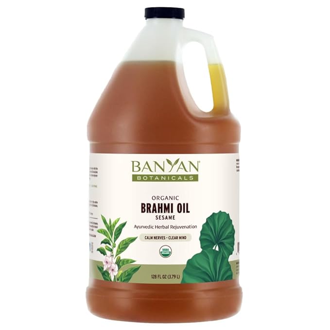 Banyan Botanicals Brahmi Oil with Sesame – Organic Ayurvedic Massage Oil with Gotu Kola & Bacopa ­­– Calming Massage Oil for Focus & Relaxation – 128 oz – Non GMO Sustainably Sourced Abhyanga Oil