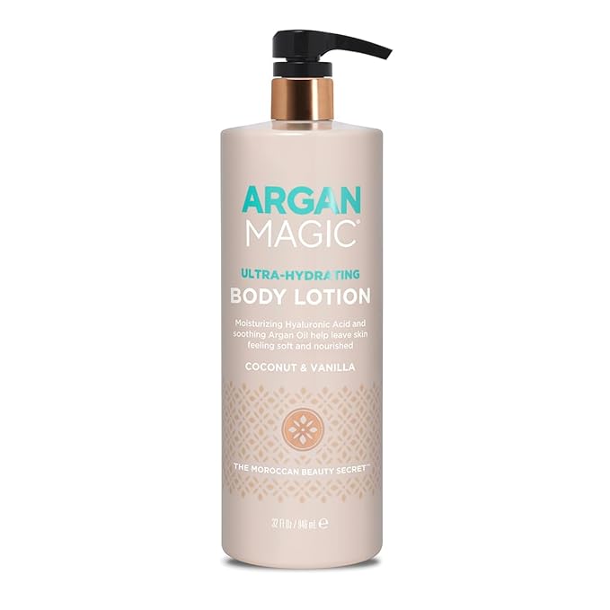 Argan Magic Ultra-Hydrating Coconut & Vanilla Body Lotion with Hyaluronic Acid for Dry Skin - Nourishes Skin, Restores Moisture, Smooths & Softens | Non-Greasy Formula | Paraben Free (32 oz)