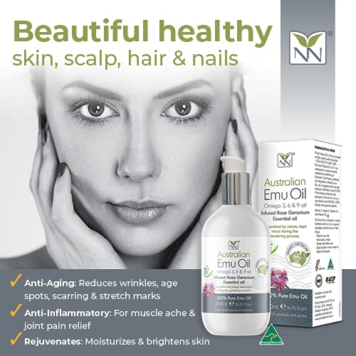 Y-Not Natural Ultra Pure Australian Emu Oil - Luxury, Hospital Grade Emu Oil 200 mL | Free Range Aboriginal Omega 3, 6 & 9 Oil Infused with Rose Geranium - The Ultimate Moisturizer for Skin, Hair, Nails, and Scalp