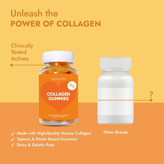 SkinnyMint Collagen Gummies Supplement for Healthy Skin, Nails & Hair Support, Gluten Free Collagen Chewable Gummies for Men & Women, Natural Orange Flavor -60 Count(180G)- 1 Month Supply