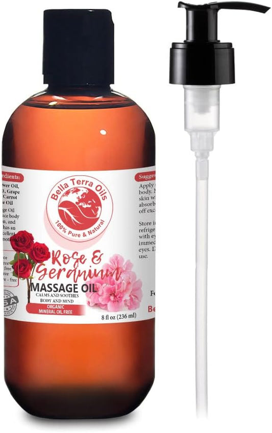 Rose and Geranium Massage Oil Without Mineral Oil. 8 oz. Full Body Massage Therapy. Soothes Body and Mind. Made with Olive Oil, Sesame Oil, Sunflower Oil, Aloe Vera, Geranium Oil, Rose Oil.