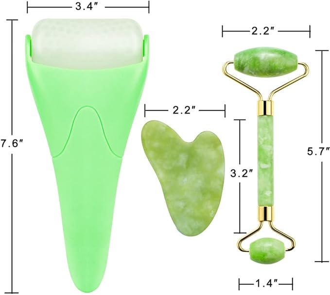 3-in-1 Natural Jade Roller and Gua Sha Set for Face and Eye Ice Roller Facial Cooling Massage Roller (Green Ice Roller + Jade Roller + Gua Sha)