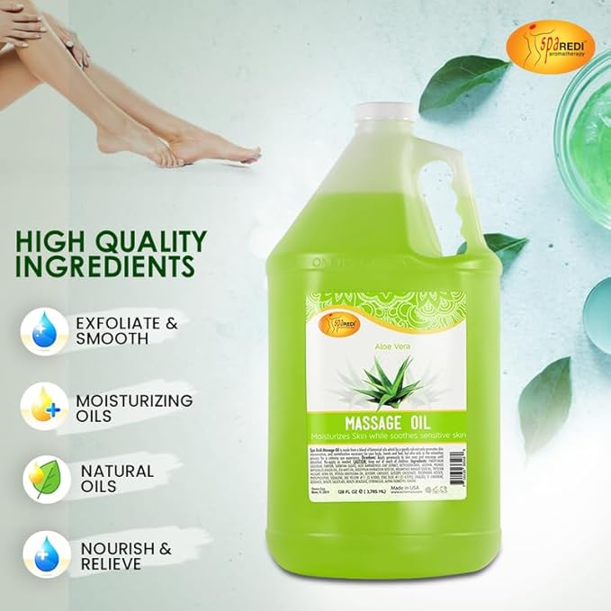 SPA REDI - Massage Oil, Aloe Vera, 128 Oz - Professional Pedicure, Manicure, Full Body Massage Therapy, Made with Almond Oil, Cotton Seed Oil, Sunflower Oil, Avocado Oil, Essential Oils, Vitamin E