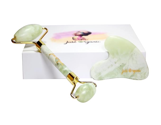 Jade Roller & Gua Sha Set Facial Beauty Tools, Face Roller Skin Massager for Face, Neck and Eye Treatment Ice Roller for Skin Care Routine & Puffiness Relief (Green)