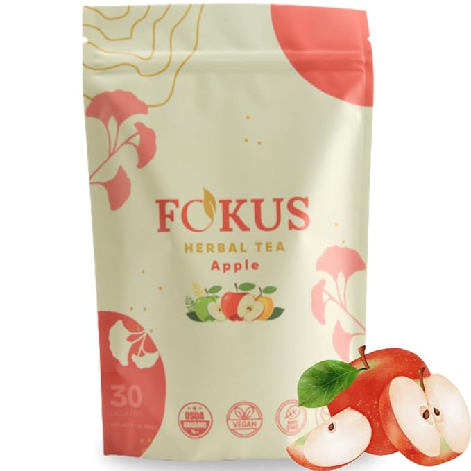 Fokus – Apple Focus & Memory Tea – Organic Brain-Boosting Herbal Blend with Ginkgo Biloba, Gotu Kola, Reishi & Ashwagandha – Crisp Apple Flavor – Caffeine-Free Tea for Mental Clarity, Concentration & Calm Energy – 30 Sachets