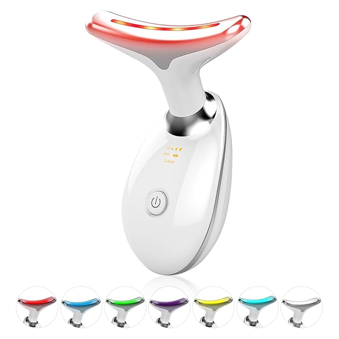 Face Light Therapy Device, Based on Triple Action LED, Thermal, and Vibration Technologies, Face and Neck Beauty Device with 7 Color LED for Home Use, Improve Skin(Glossy White)