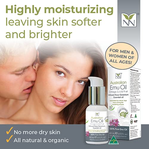 Y-Not Natural Ultra Pure Australian Emu Oil - Luxury, Hospital Grade Emu Oil 60 mL | Free Range Aboriginal Omega 3, 6 & 9 Oil Infused with Rose Geranium - The Ultimate Moisturizer for Skin, Hair, Nails, and Scalp