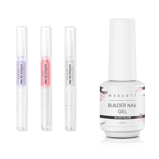 Makartt 3Pcs Cuticle Oil Pen Nail Care Set, Nail Cuticle Revitalizer Oil 5ML Nail Repair Bundle Builder Nail Gel 15ml 5 in 1 Multifunctional Clear Gel Nail Polish