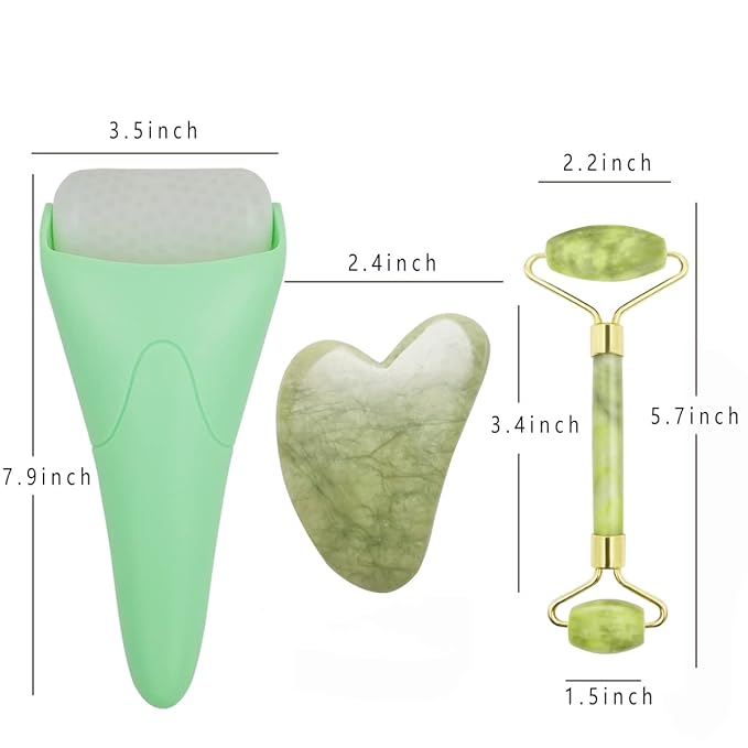 3 in 1 Ficial Face Ice Jade Roller and Gua Sha Tool, Natural Real Jade Anti-Wrinkle Face Eye Neck Massager Tool, Reduce Wrinkles, Puffiness, Migraine, Redness, Pain and Injury, Green