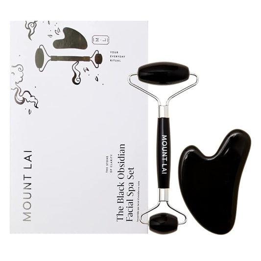 Mount Lai Black Obsidian Facial Spa Set, Black Obsidian Gua Sha Facial Tools Set and Roller, Guasha Tool for Face to Relieve Muscle Tension and Reduce Puffiness, Anti Aging Skin Care Sets for Women