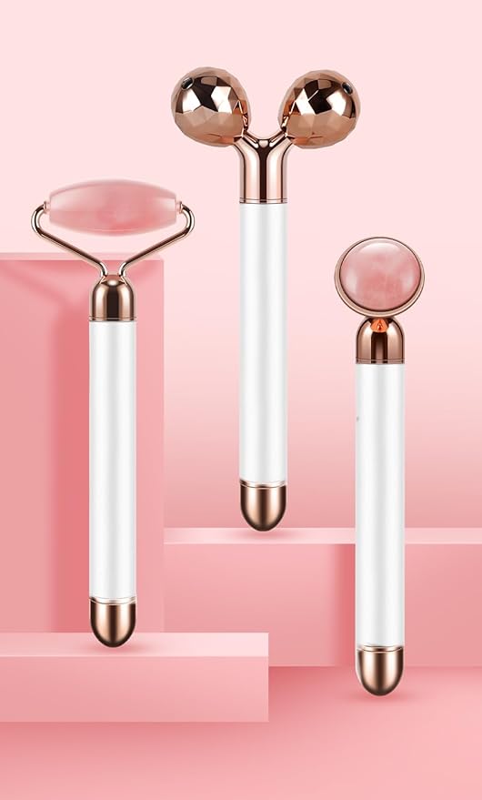 3-IN-1 Electric Jade Roller 3D Roller Facial Roller & Face Massager, Rose Quartz