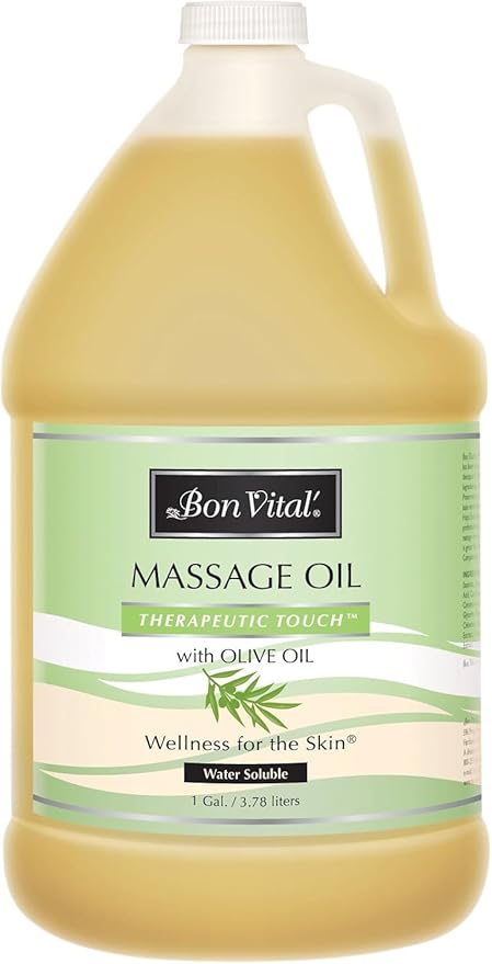 Bon Vital' Therapeutic Touch Massage Oil with Olive Oil to Repair Dry Skin & Soothe Sore Muscles, Lightweight Oil Perfect for Any Massage to Hydrate and Nourish Dry, Rough Skin, 1 Gal, Label may Vary