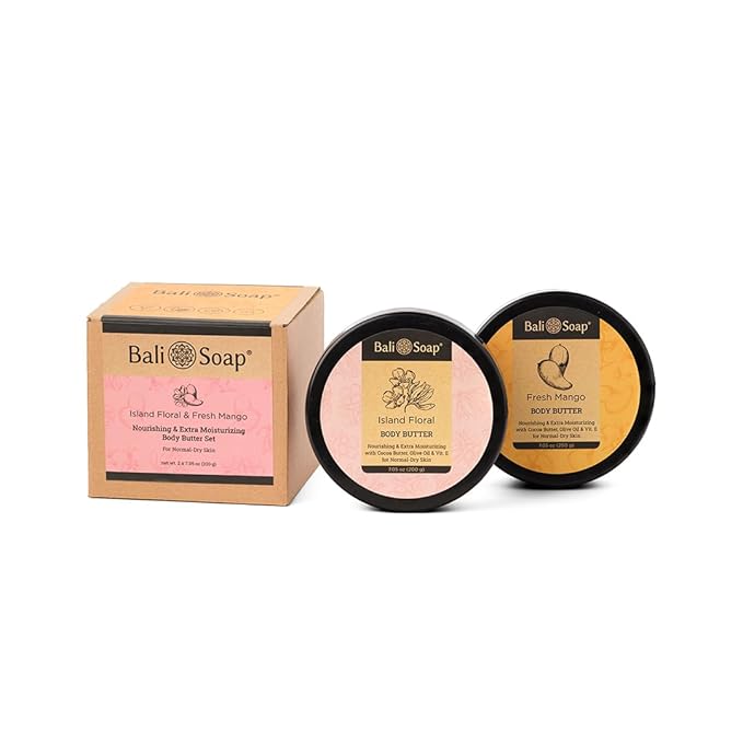 Bali Soap - Island Floral & Fresh Mango - Mix Set of 2 - Nourishing and Extra Moisturizing Body Butter For Dry Skin - Enriched with Cocoa Butter, Olive Oil, Aloe Vera and Vitamin E - 7 oz each