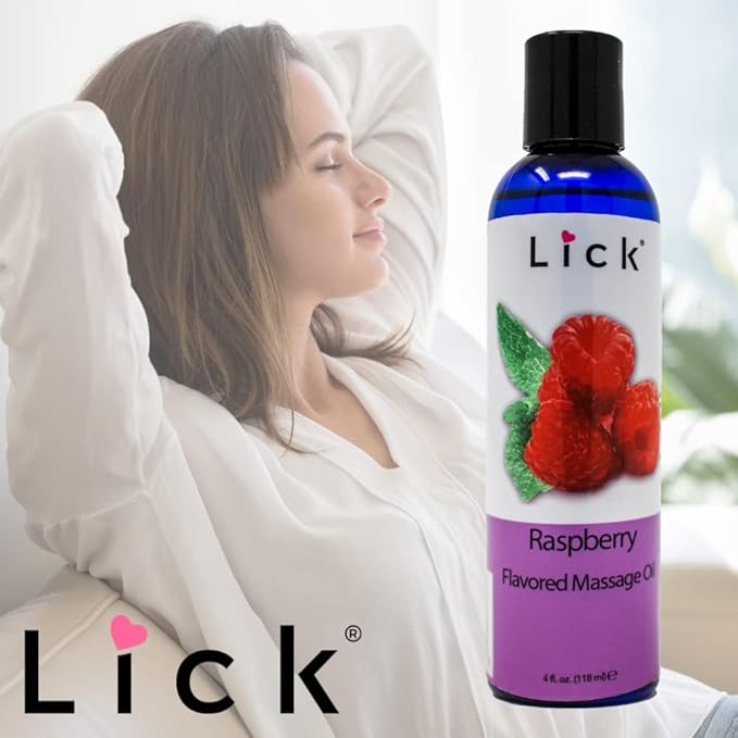 Lick Raspberry Flavored Muscle Massage Oil for Massage Therapy - Natural Oil with Almond and Coconut Essential Oils - Multipurpose Aromatic Absorption Full Body Massage Oil - 4 fl. oz.