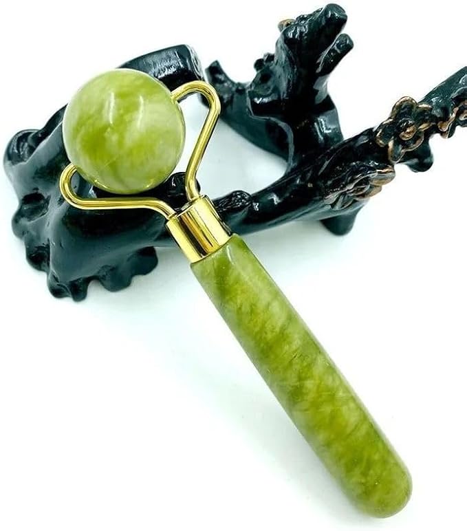 Three-Piece Facial Skincare Products - Unique Double-Sided & Textured Jade Roller, Precision Globular Roller, & Gua Sha Scraper - Reduce Puffiness - Face Roller and Gua Sha Set, Green