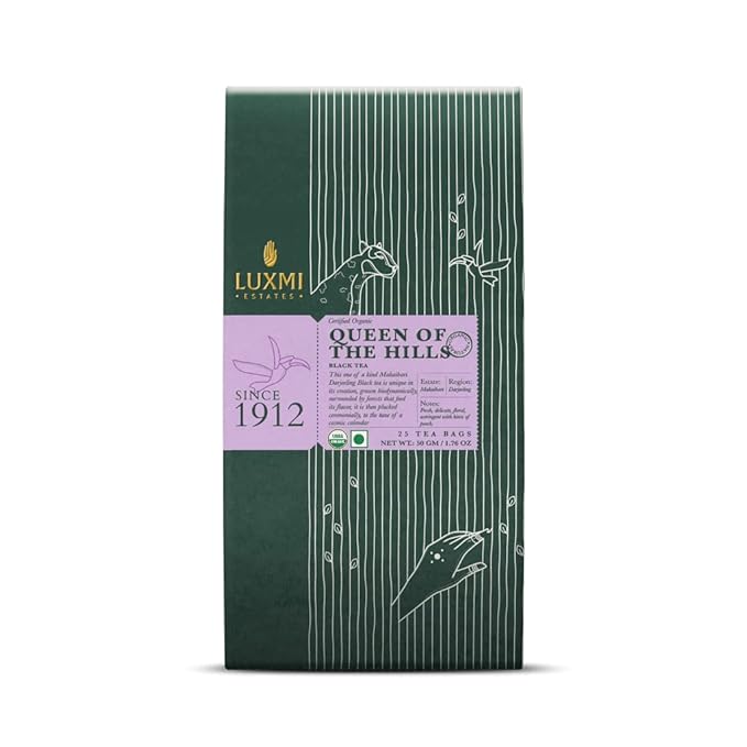 Luxmi Estates - Queen of the Hills - Organic Black Tea - 25 Tea Bags | Freshly Harvested Organic Makaibari Darjeeling Tea | Best Natural Flavor Tea The World Has To Offer