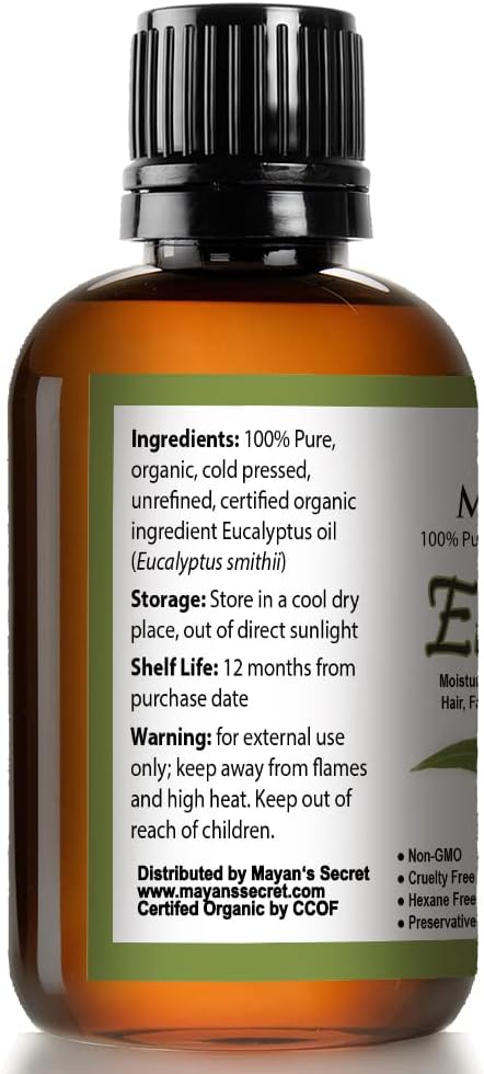 Mayan's Secret Pure Carrier and Essential oils for Skin Care, Hair, Body Moisturizer for Face-Anti Aging Skin Care (Eucalyptus Smithii Organic Oil, 4oz)