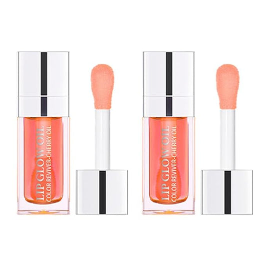 Plumping Lip Oil, Hydrating Gloss Tinted Lip Balm Transparent Lip Care, Big Brush Head Glitter Shine, Long Lasting Nourishing Non-sticky Fresh Texture(2PCS PINK)