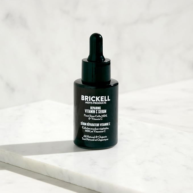 Brickell Men's Anti Aging Vitamin C Serum For Face, Repairing Night Facial Serum for Men, Natural and Organic Hyaluronic Acid Serum For Face to Diminish Wrinkles and Reduce Redness, 1 Ounce, Scented