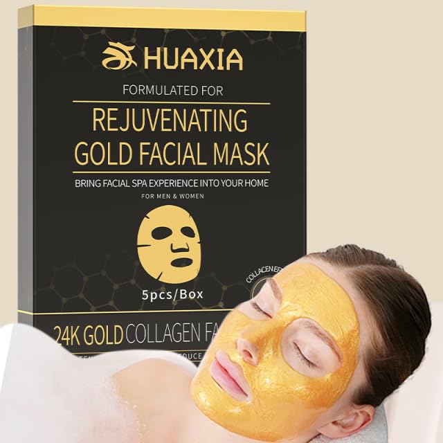 24K Gold Rejuvenating Hydro Collagen Facial Mask for Skin Care (5pcs), Anti Aging, Collagen Moisturizing Sheet Mask Brightening, Moisturizing, Hydrating Mask to Reduce Fine Lines & Wrinkles
